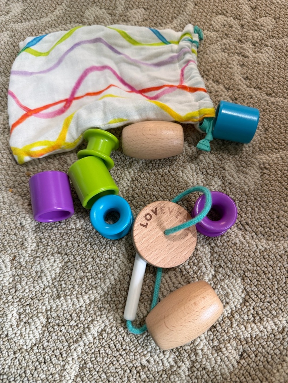 LOVEVERY Wooden Bead Threading Toy - Blue, Purple, Green